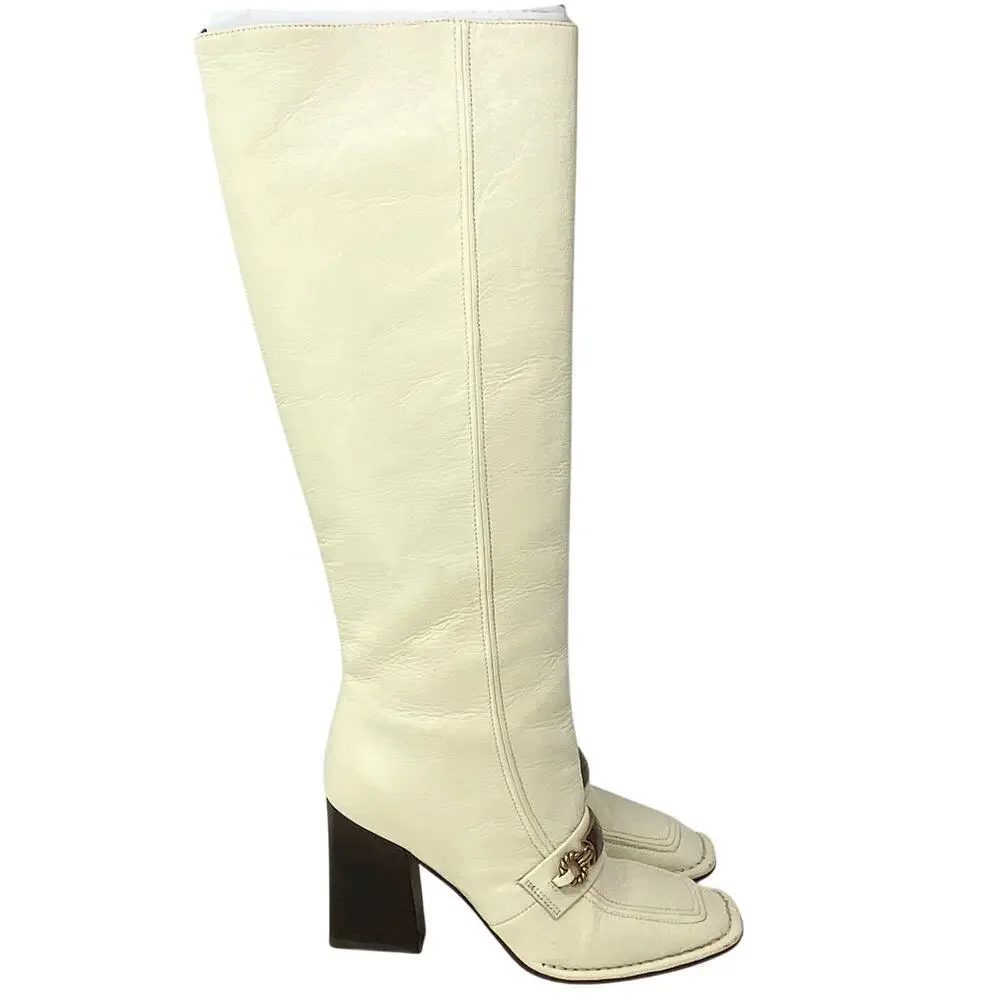 Tory Burch Logo Boots Tall Ivory Genuine Leather Knee High Size 6 Box Bag Incl